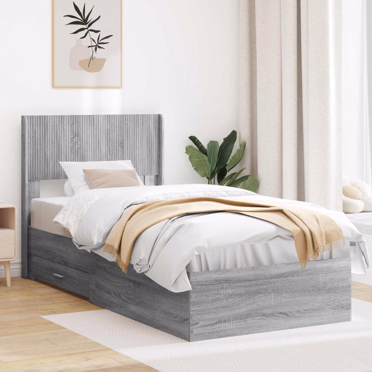 Struttura letto con stoccaggio e testata vidaXL in legno Sonoma grigio L: 140 cm, P: 100 cm, H: 97 cm