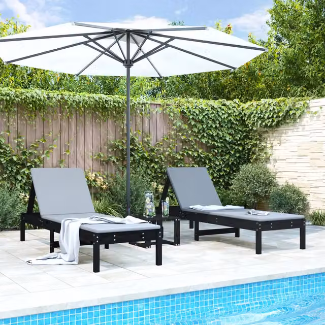 Set di 2 lettini prendisole vidaXL in legno di pino con poggiatesta regolabile, colore nero e grigio, L: 199,5 cm, P: 60 cm, H: 74 cm