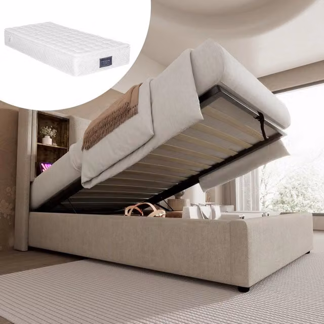 Letto imbottito singolo con contenitore ¨C Minimal ¨C 90x200cm legno lino naturale con materasso