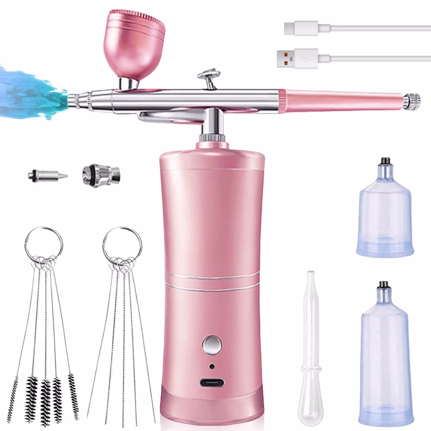 Kit per aerografo, senza fili, ugello da 0,3 mm, composto da 7 pezzi, colore rosa