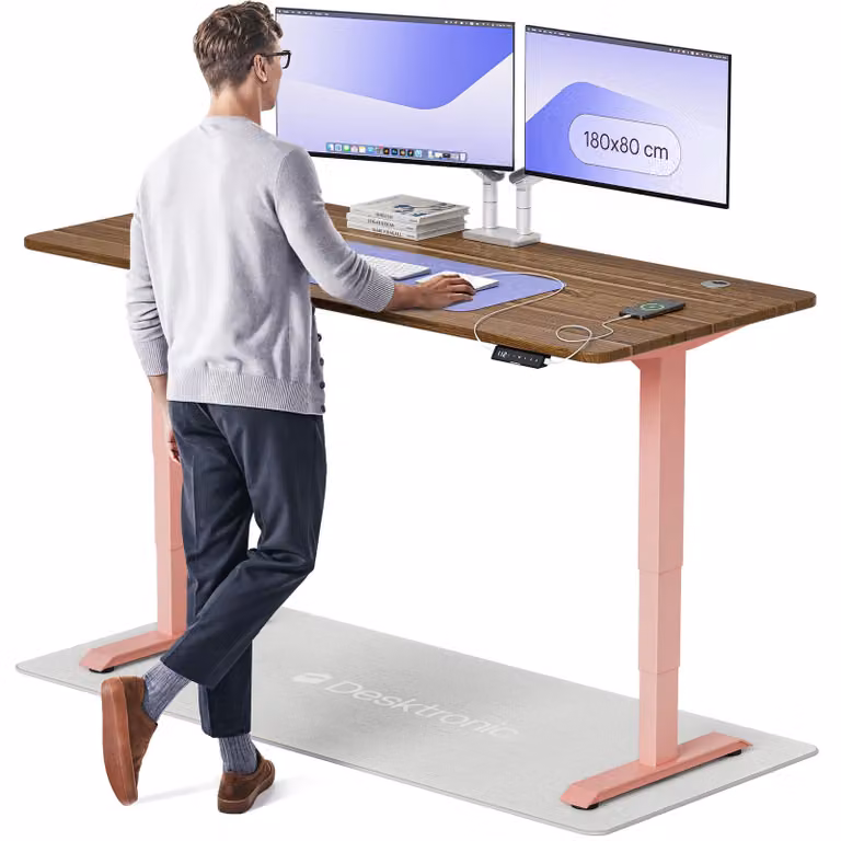 Scrivania regolabile in altezza, elettrica, Zit-Sta Bureau: altezza regolabile da 62 a 127 cm, dimensioni 180 x 80 cm, colore rosa e noce