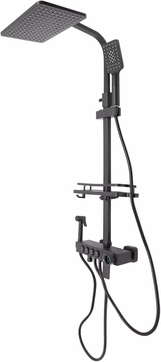 Sistema doccia a pioggia con miscelatore, set completo per doccia, soffione termostatico con display digitale, doccia a pioggia nera, set doccia con doccetta, montaggio a parete, accessori per il bagno