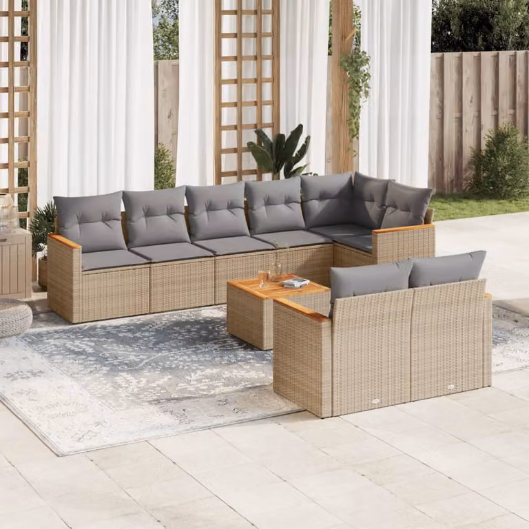 vidaXL Set Divano da Giardino a L 9 pz con Cuscini Beige e Grigio in Polyrattan e Acciaio