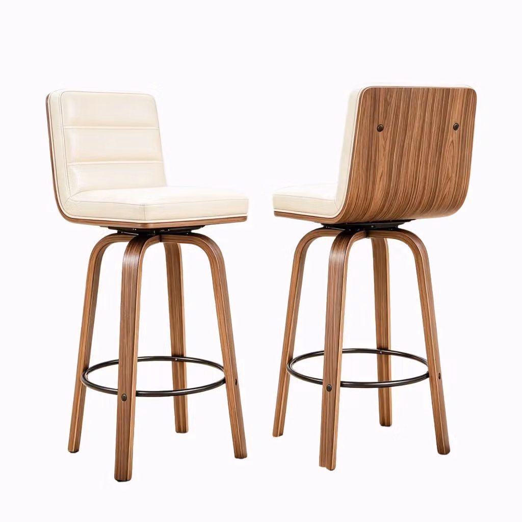 Sgabello da bar OKWISH moderno in ecopelle beige con schienale ergonomico, poggiapiedi e gambe in legno e metallo – 2