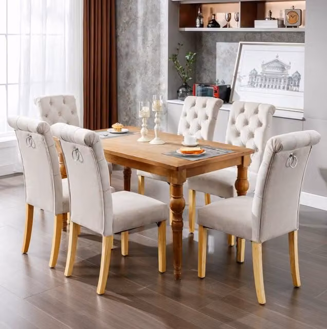 Set di 6 sedie da pranzo in velluto beige con gambe in rovere