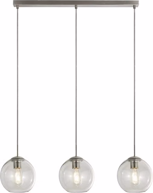 Lampadario a sospensione moderno SEARCHLIGHT con 3 luci a sfera in vetro trasparente e finitura acciaio cromato, attacco E14 – 1