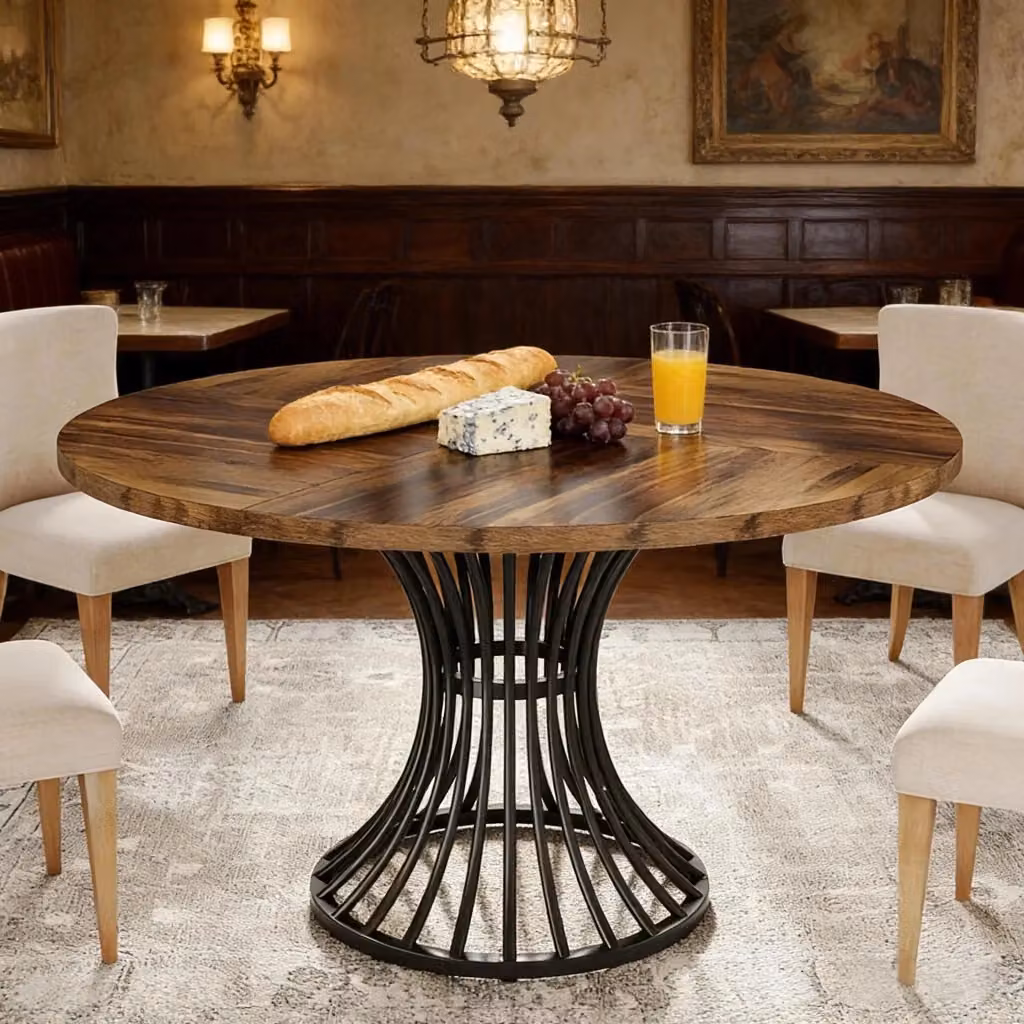 Tavolo da pranzo rotondo industriale WISHDOR in MDF e metallo per 6 persone, nero e marrone, Diametro: 107 cm, Altezza: 73 cm – 2