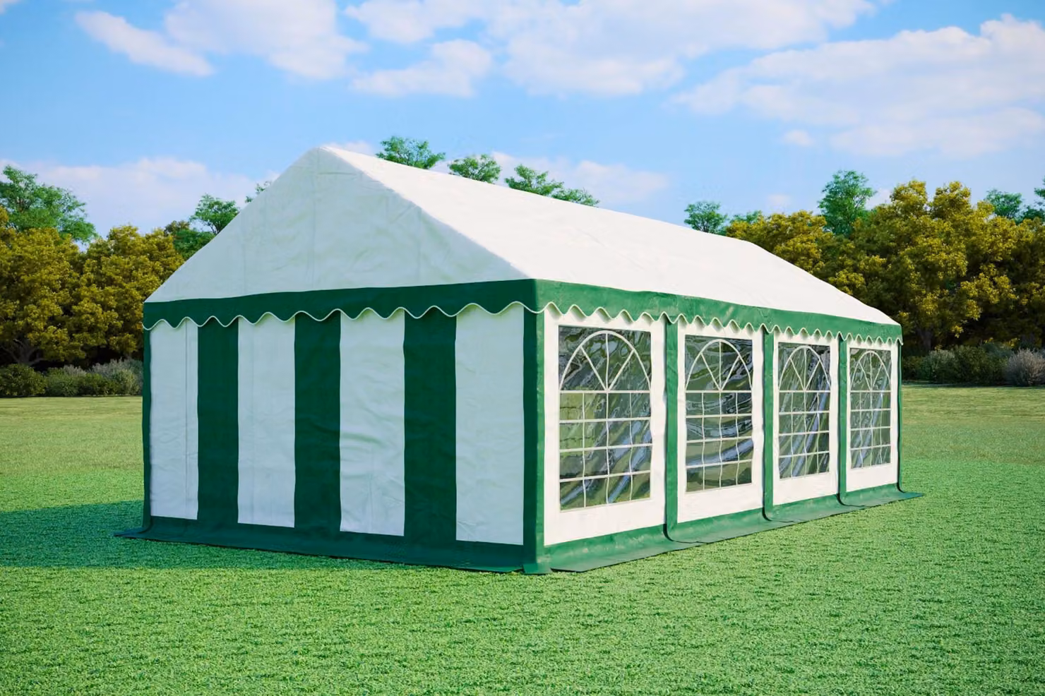 Tenda per eventi 4x8 metri, PVC, modello standard, 500 g/m², colore verde e bianco