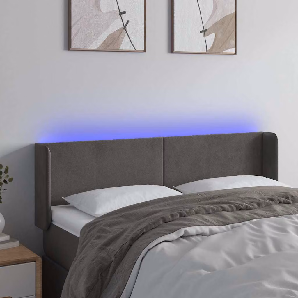 Testiera per letto vidaXL in velluto grigio con illuminazione LED e porta di ricarica USB, L 147 cm, P 16 cm, H 78-88 cm
