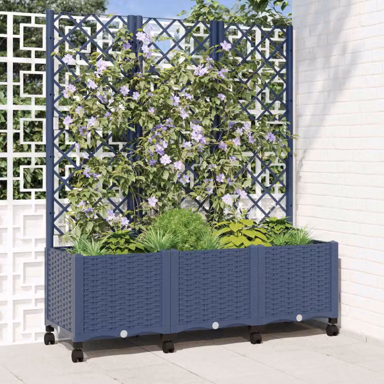vidaXL Vaso da giardino con grigliato e ruote in plastica Blu Grigio L: 120 cm, P: 40 cm, H: 146 cm