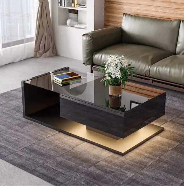 Tavolino da caffè nero lucido 105x55 cm con vetro temperato e LED
