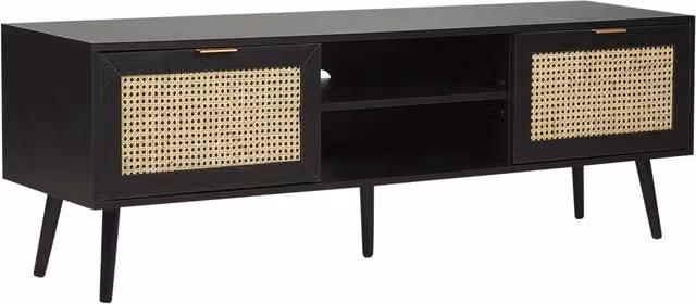 Credenza Porta TV BELIANI in stile boho nero con frontali in rattan e gambe in legno di gomma L/P/H: 150 x 40 x 52 cm – 1