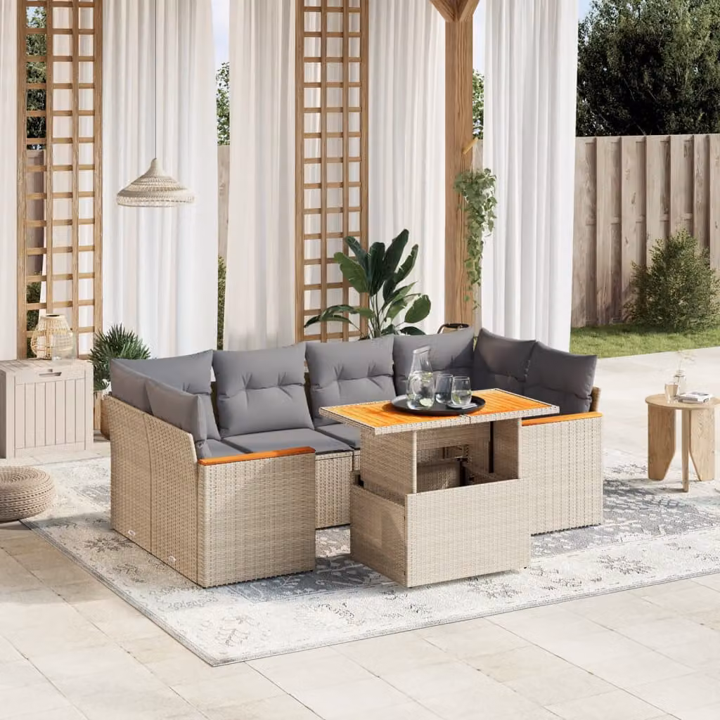 Set di Divani da Giardino vidaXL 7 pz a Forma a L con Cuscini Beige e Tavolino, Design Moderno in Polyrattan e Legno di Acacia – 1