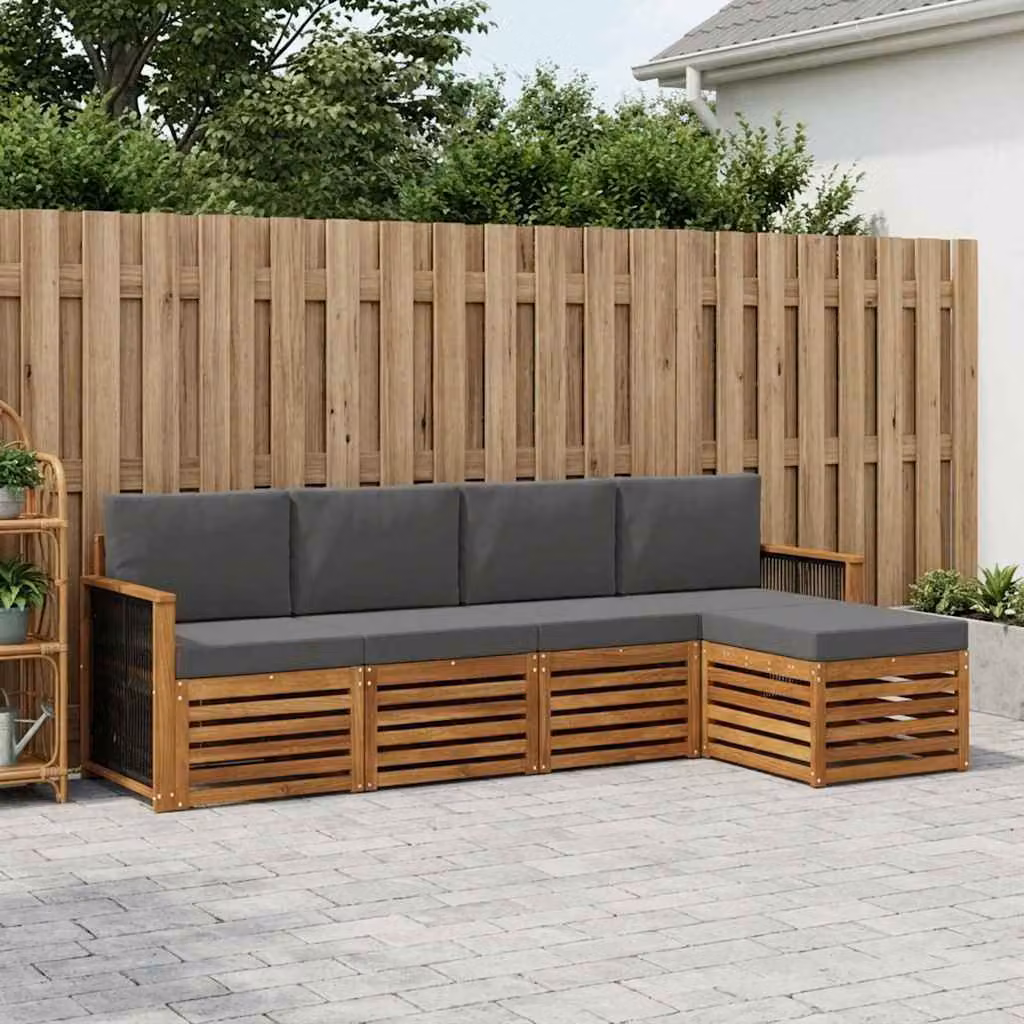 Set di divani da esterno vidaXL a forma di L in legno di acacia con pouf e cuscini, colore Antracite e Marrone