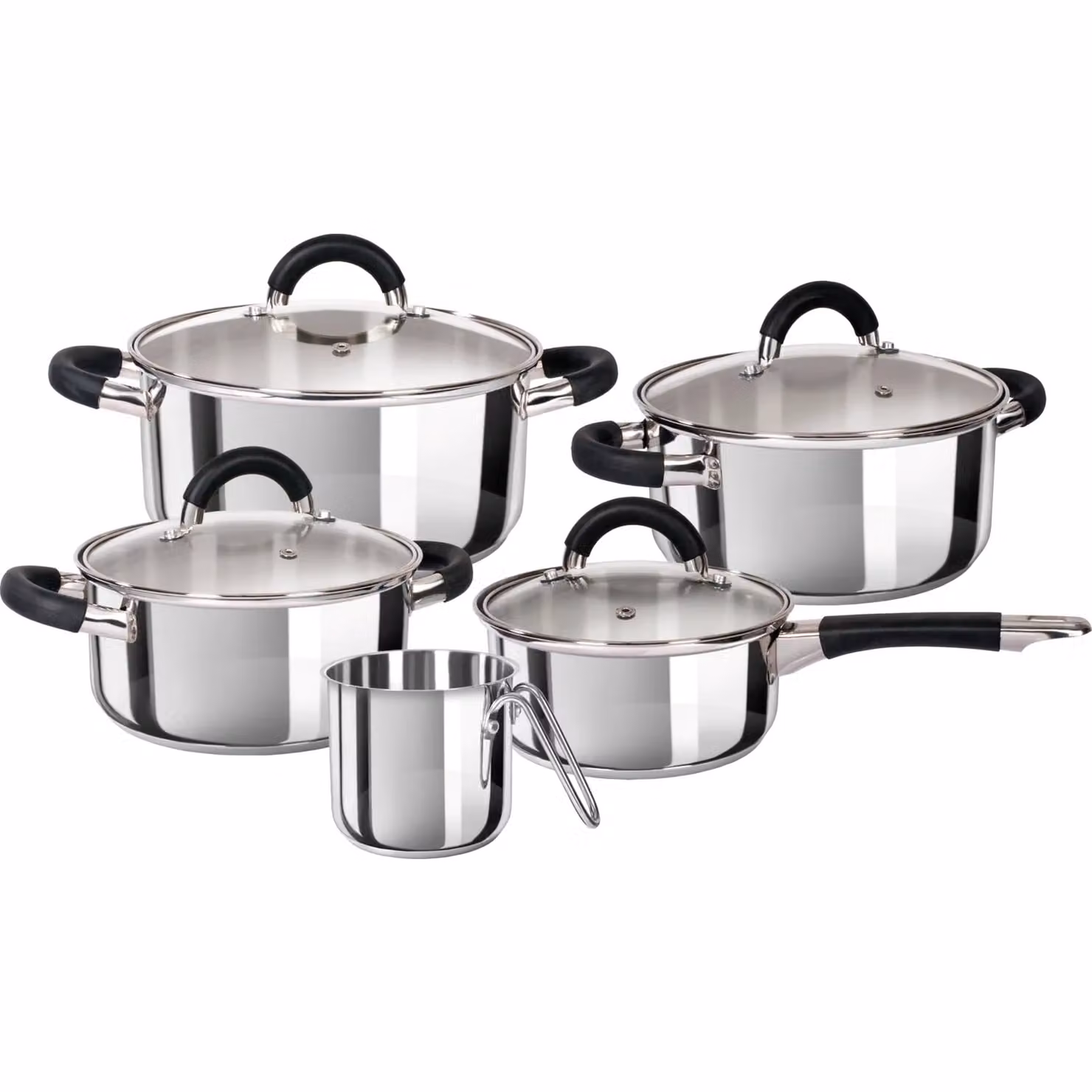 GUSTO CASA Batteria di pentole Vanity 9 pezzi in acciaio inox color argento con coperchi in vetro e dettagli in silicone compatibile con induzione