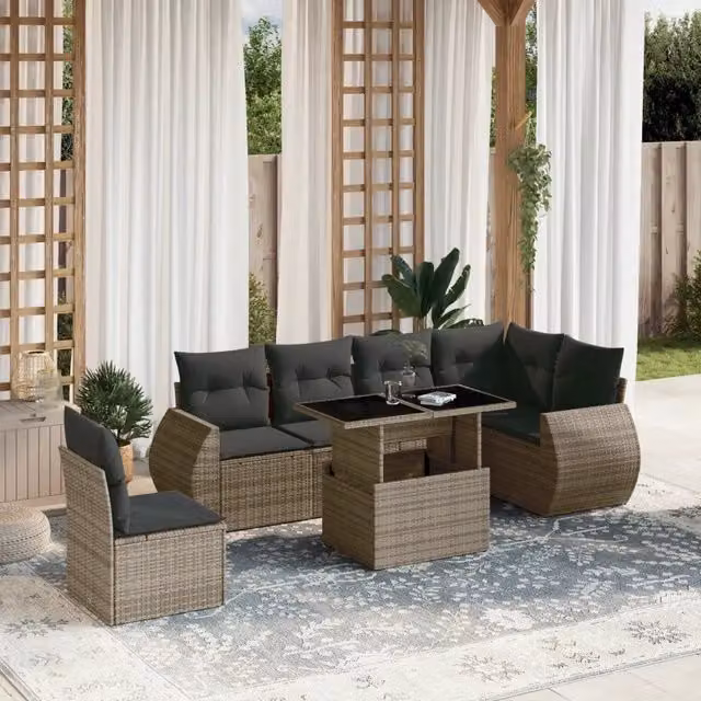 Set Divani da Giardino 7 pz con Cuscini Grigio in Polyrattan 3268570