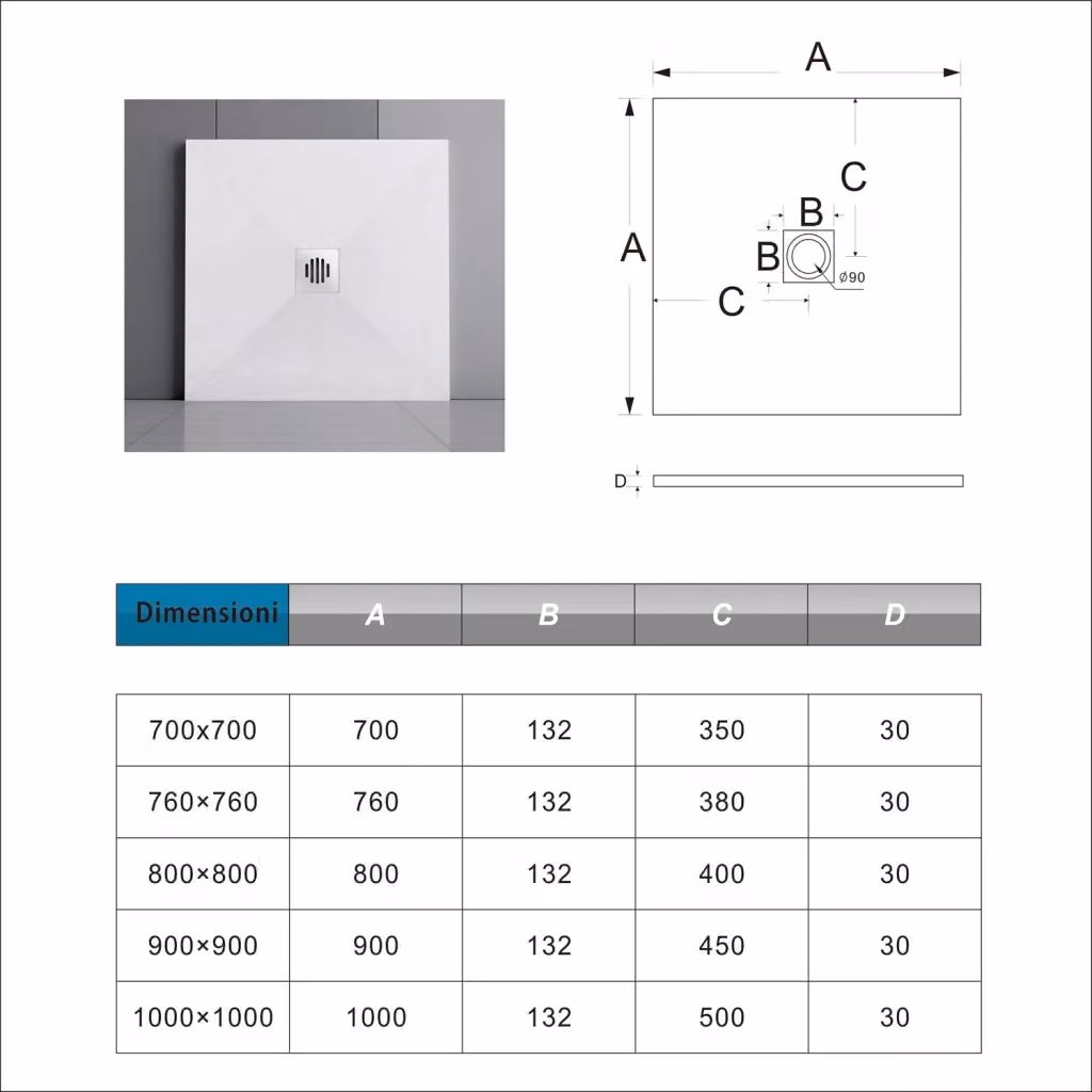 Piatto Doccia Quadrato Aica Italy Bianco in Pietra Artificiale e Mesina con Effetto Ardesia Ruvido e Antiscivolo, L/P: 70 x 70 cm, H: 3 cm, con Piletta e Tubo inclusi – 2