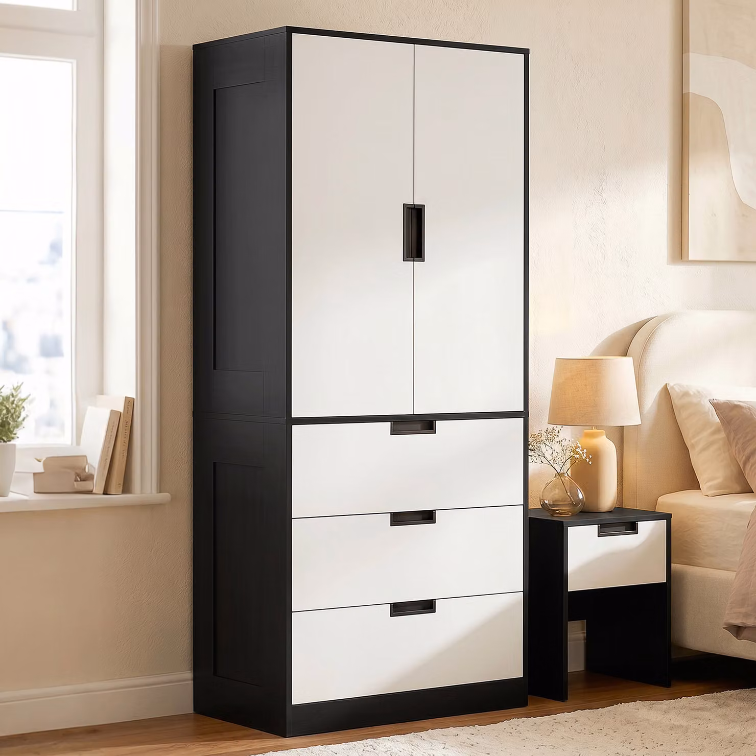 Armadio Moderno HOMCOM con 2 Ante, 3 Cassetti e Barra Appendiabiti per Camera da Letto, Nero e Bianco – 2
