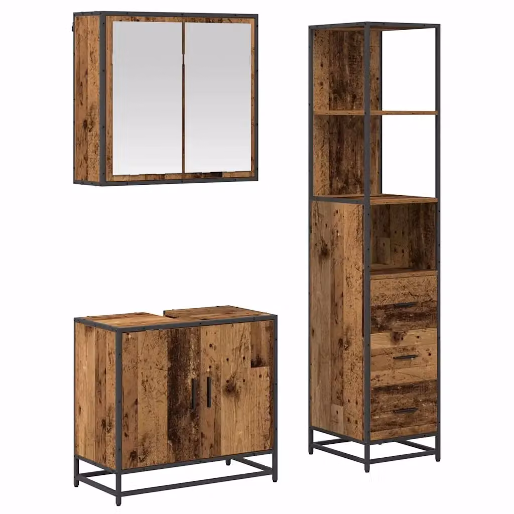 Set di mobili per il bagno moderno vidaXL in legno marrone composto da 3 pezzi con armadietto con specchio e mobile lavabo – 2