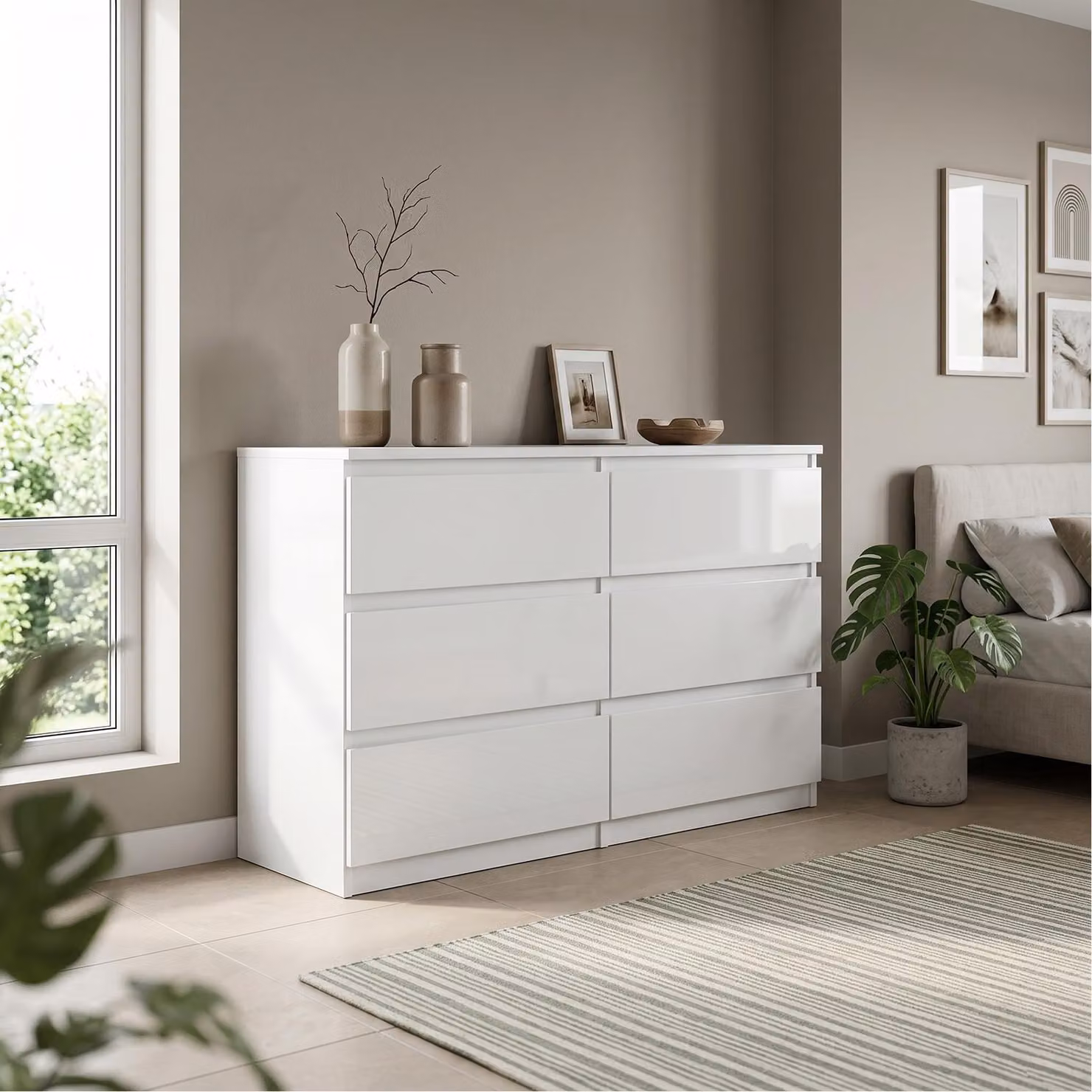 Comò Masseno NUDO da 120 cm con 6 cassetti e ante, per soggiorno e camera da letto, stile moderno, 120x39x78,5 cm, bianco / bianco