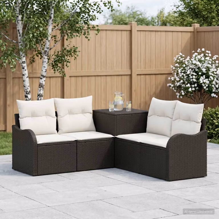 Set di divani da giardino vidaXL in polyrattan nero e bianco con cuscini inclusi e pouf a forma di L