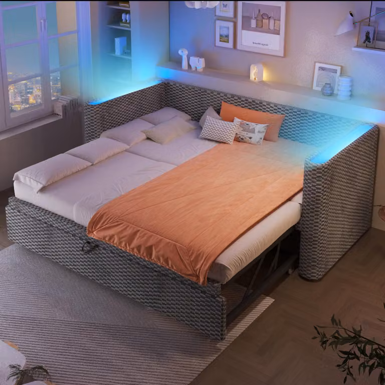 Abrihome Divano letto imbottito 90 × 200 cm con letto estraibile, divano letto con LED e rete a doghe, velluto, grigio