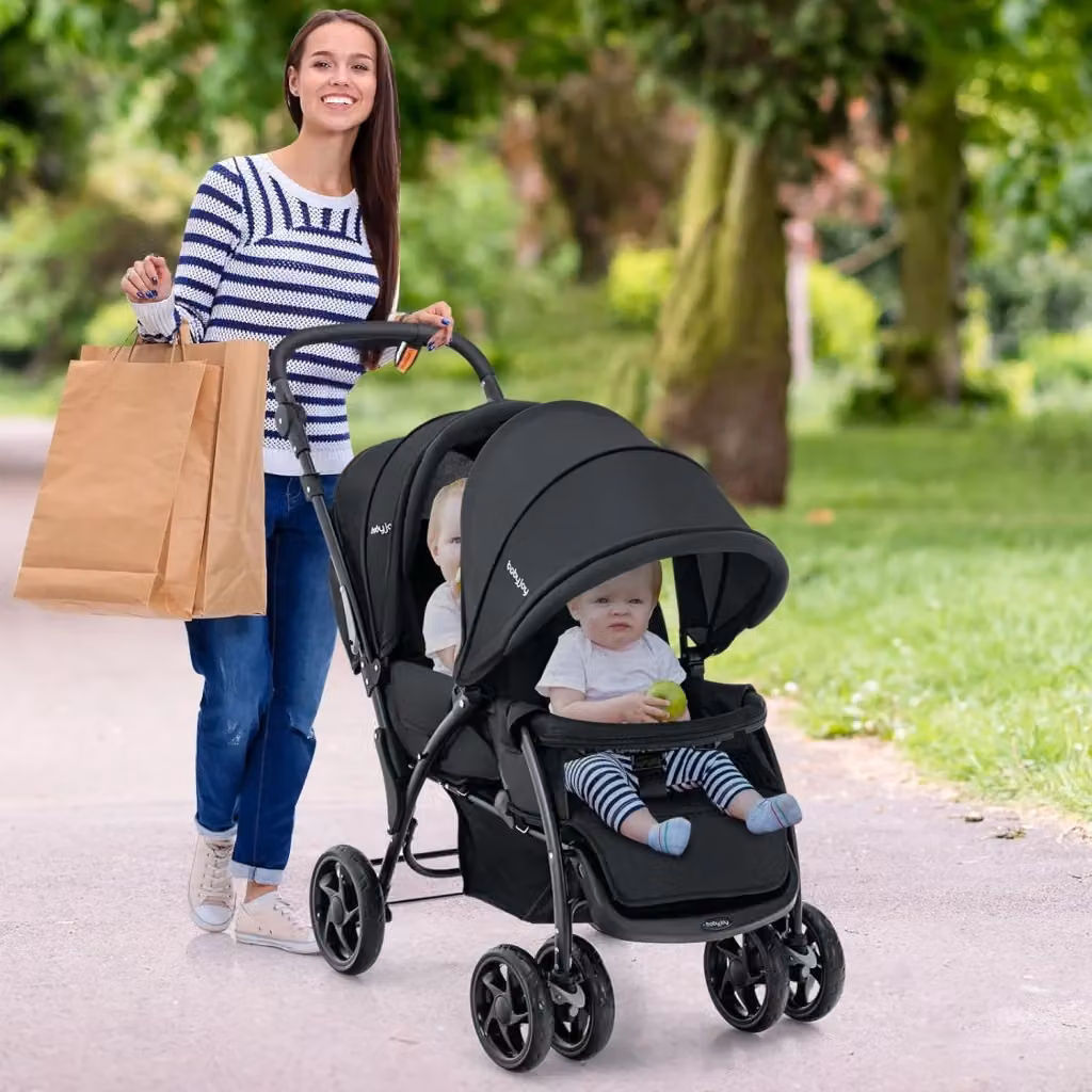 Passeggino Doppio Pieghevole Costway per Bambini con Seduta in Tandem, Maniglia Regolabile e Sospensioni, Colore Nero e Grigio, Portata Totale 30 kg – 2