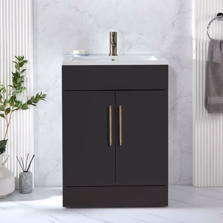 Mobile Bagno a Terra Grigio Nero da 610mm con Lavabo e Maniglie con Barra a T in Ottone Spazzolato - Cluo