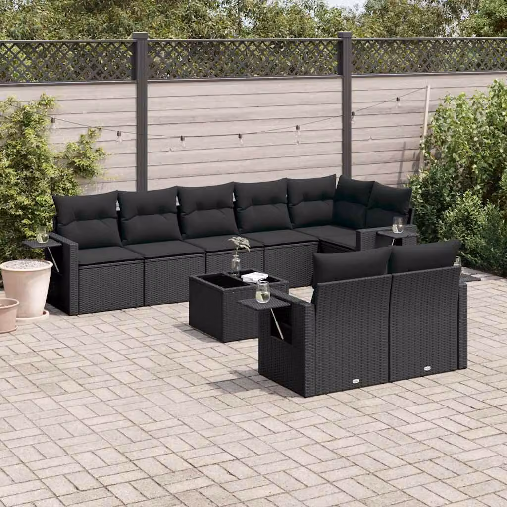 Set di divani da giardino vidaXL in polyrattan nero con cuscini, tavolino e sedute a forma di U per esterno – 1
