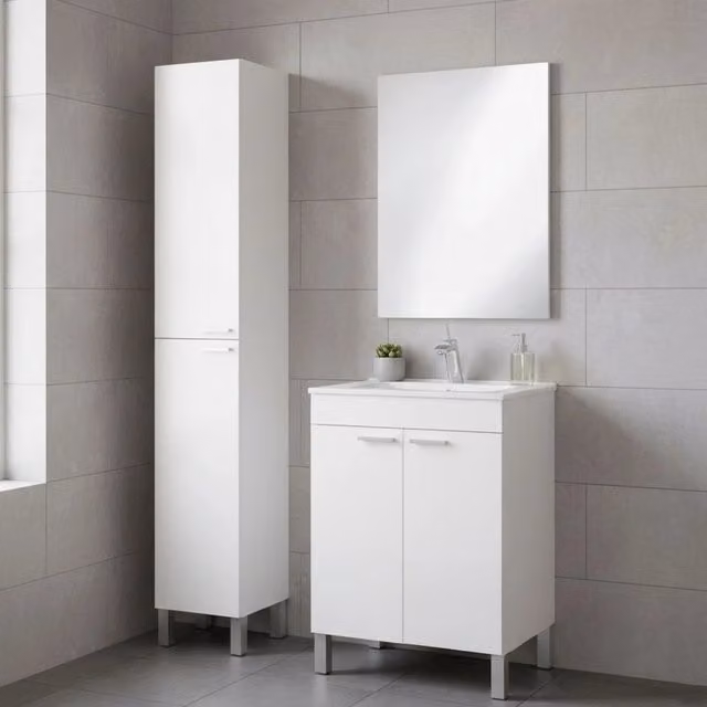 Set Mobili Bagno Moderno DMORA Dossena Bianco Lucido con Mobile Lavabo, Colonna e Specchio