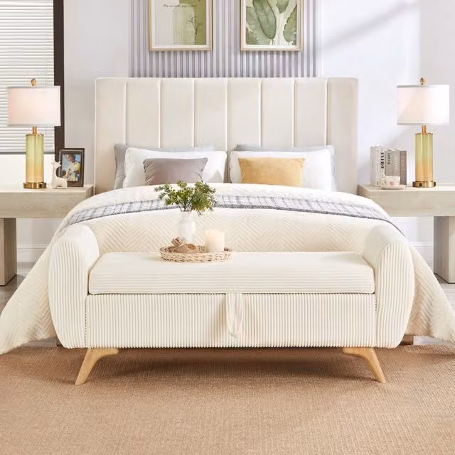 Panca contenitore Minimal in corda beige con gambe in legno per soggiorno, camera da letto o ingresso, L: 150 cm, P: 51 cm, H: 57 cm – 1