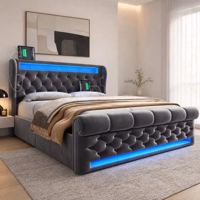 Letto 140x200 cm con contenitore idraulico, LED e USB-C in velluto grigio