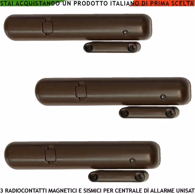 Set di 3 rilevatori magnetici e sismici Securvera marroni con tecnologia radio frequenza 868 MHz, codifica UNISAT2 e gestione tramite app smart per sensori remoti con segnalazione LED di allarme