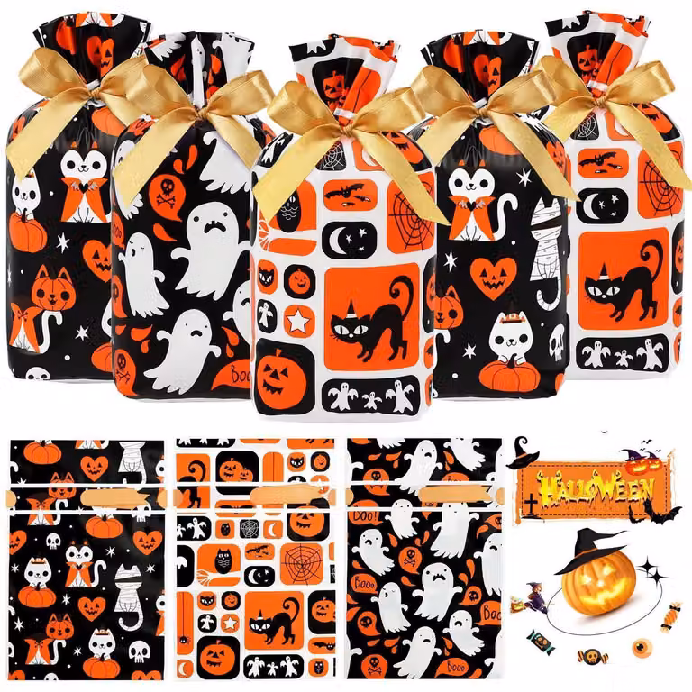 Sacchetti per dolcetti di Halloween, 50 pezzi, colori assortiti, plastica, con chiusura a cordoncino, dimensioni 14,7 x 22,9 x 6 cm