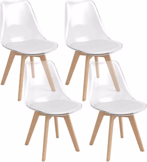 Set di 4 sedie da pranzo moderne trasparenti con struttura in legno di faggio bianco, L/P/H: 47 x 52 x 81 cm
