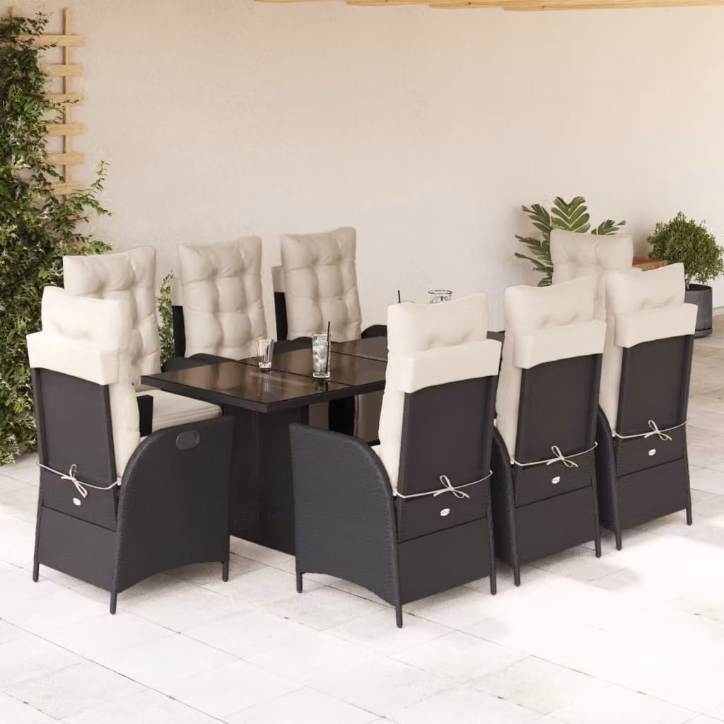 Set da Pranzo da Giardino vidaXL 9 pz in Polyrattan Nero con Cuscini e Tavolo in Vetro – 1
