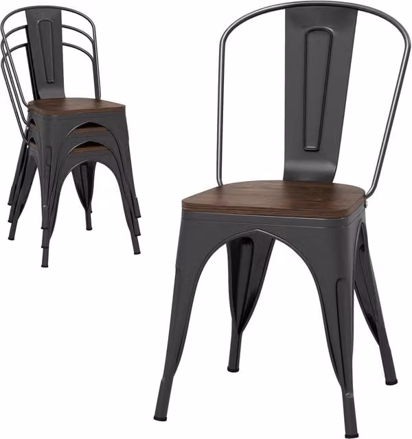 Set di 4 Sedie da Pranzo Impilabili COSTWAY con Schienale Alto, Struttura in Legno e Acciaio, Colore Nero, L 53 cm x P 44,5 cm x H 84 cm