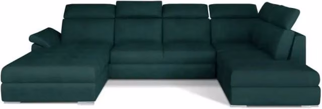 Divano panoramico convertibile MAJESTA di MEUBLORAMA, modello a U con angolo sinistro, rivestimento in velluto verde, con funzione letto e poggiatesta regolabile, L: 336 cm, P: 102 cm, H: 76 cm – 1