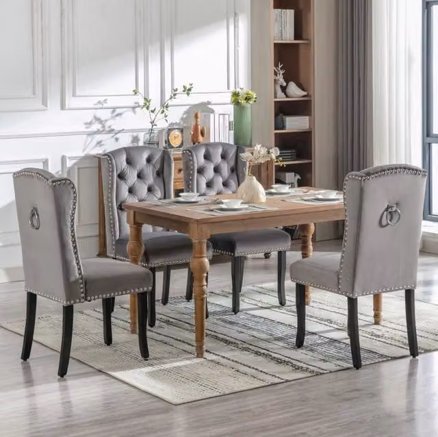 Set 4 sedie da pranzo in velluto grigio con gambe in rovere e struttura in legno massello