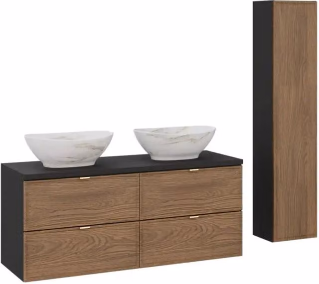 Set da bagno SAVIA Meublorama composto da mobile sottolavabo, lavabo da appoggio effetto marmo e colonna contenitore – 1