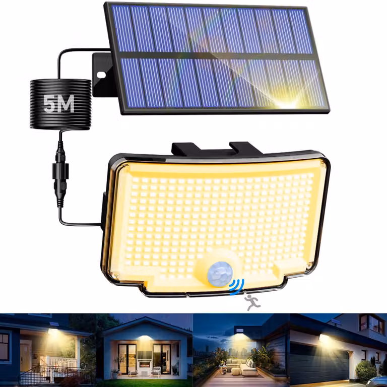 Lampada solare con 318 LED, sensore di movimento, grado di protezione IP65, luce bianco caldo