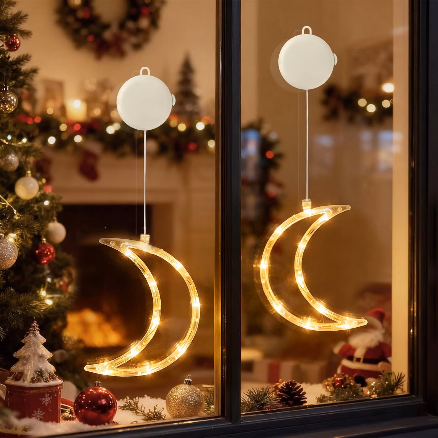 2 pezzi LED Luna luce catena finestra con ventosa per partito Natale appeso finestra decorazione