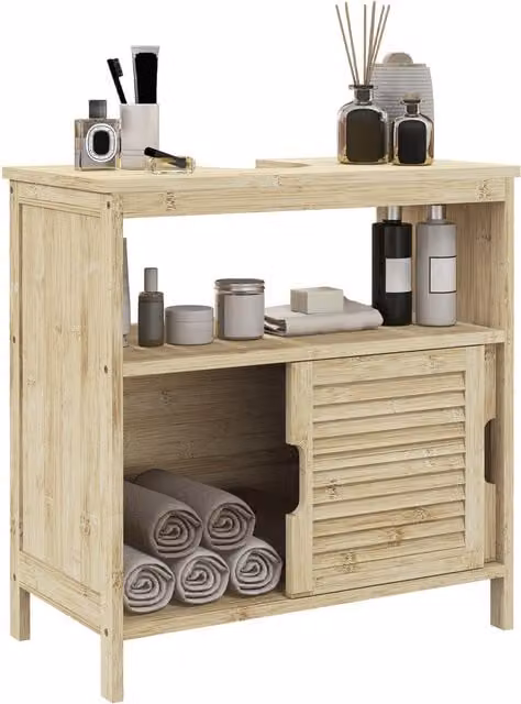 Mobile sottolavabo da bagno HOMCOM in bambù con ripiani e ante, colore beige/marrone, L: 60 cm, P: 30 cm, H: 60 cm – 1
