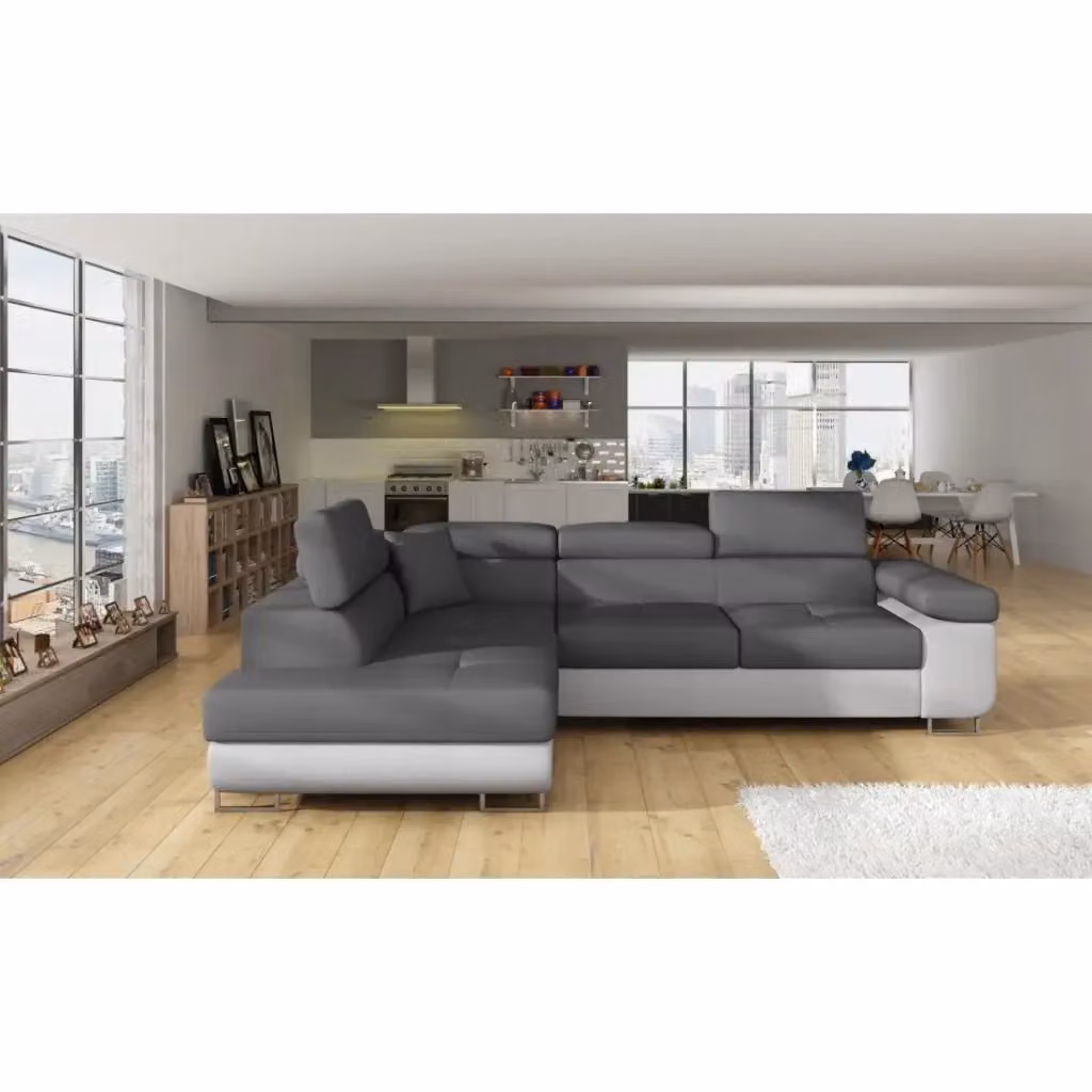 Divano angolare trasformabile MENTON MEUBLORAMA grigio e bianco in tessuto bouclé con angolo sinistro e baule, L 272 x P 145 x H 85 cm – 2