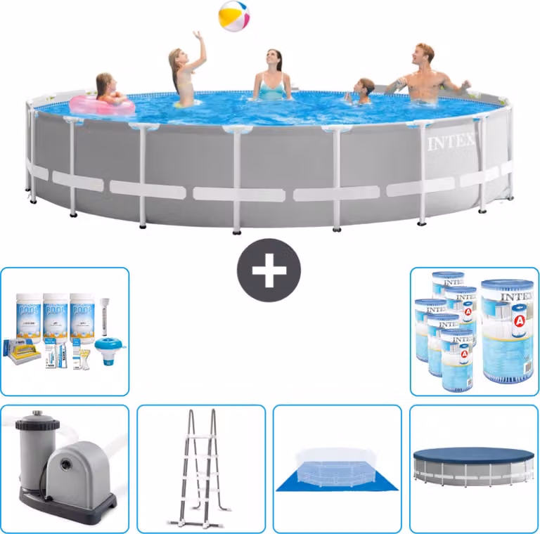 Piscina Intex Round Prism Frame - 548 x 122 cm - Grigio - inclusa pompa - scaletta - telo di fondo - pacchetto di manutenzione della copertura - filtro