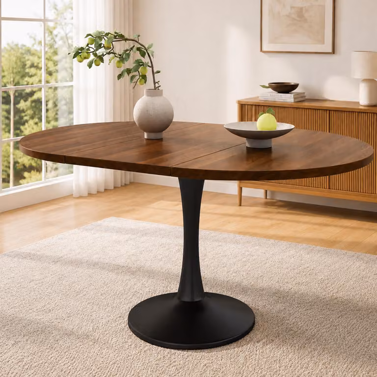 Tavolo da pranzo allungabile, dimensioni 100/140 x 100 x 75 cm, forma ovale, ideale per la cucina, design moderno e minimalista, realizzato in MDF con finitura in legno noce, salvaspazio