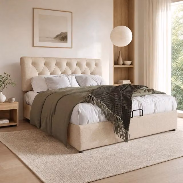 Letto contenitore matrimoniale 140x200 cm; testiera regolabile; naturale