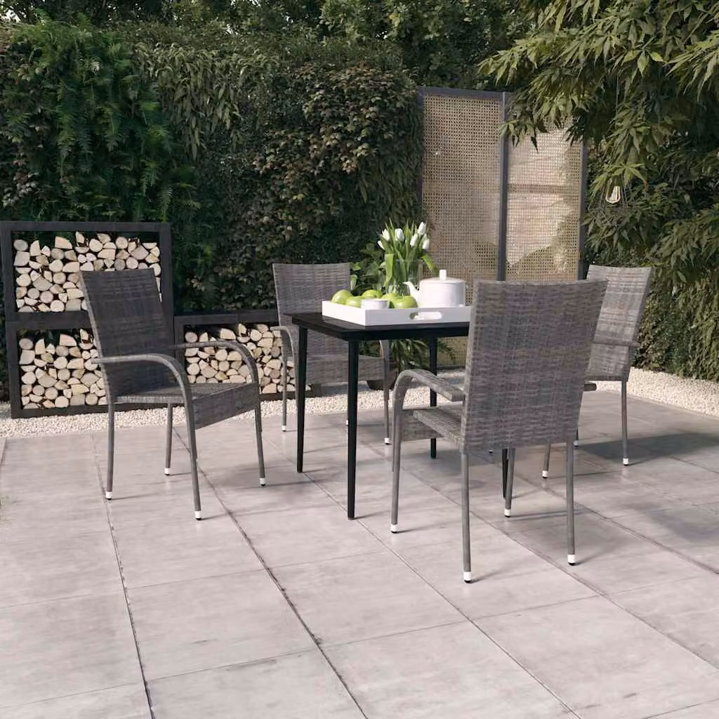 Set da pranzo da giardino moderno vidaXL in polyrattan con tavolo in vetro, 5 pezzi, Grigio e Nero