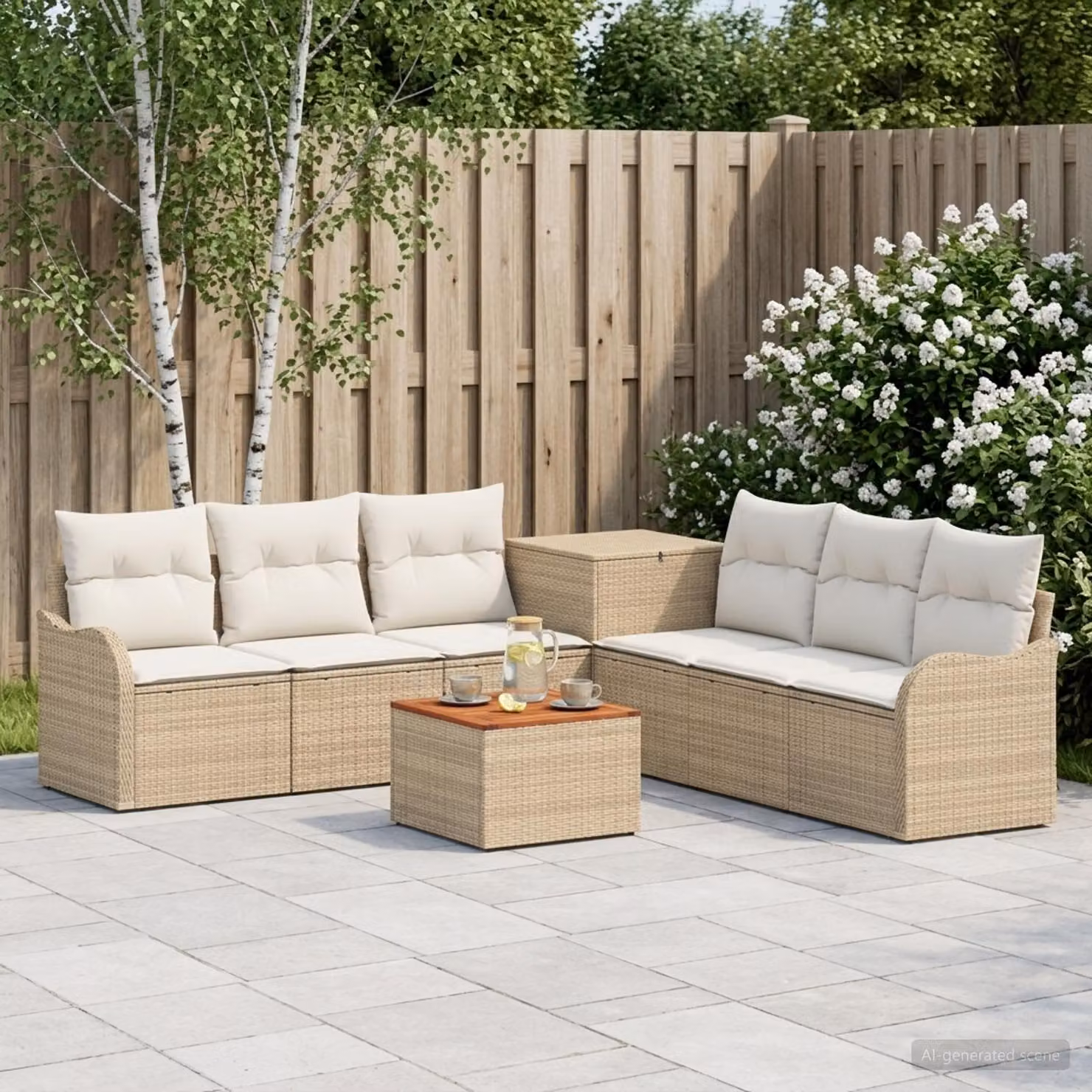 Set di divani da giardino vidaXL in polyrattan beige e bianco crema, composizione a forma di U con 8 pezzi inclusi tavolo da caffè e cuscini