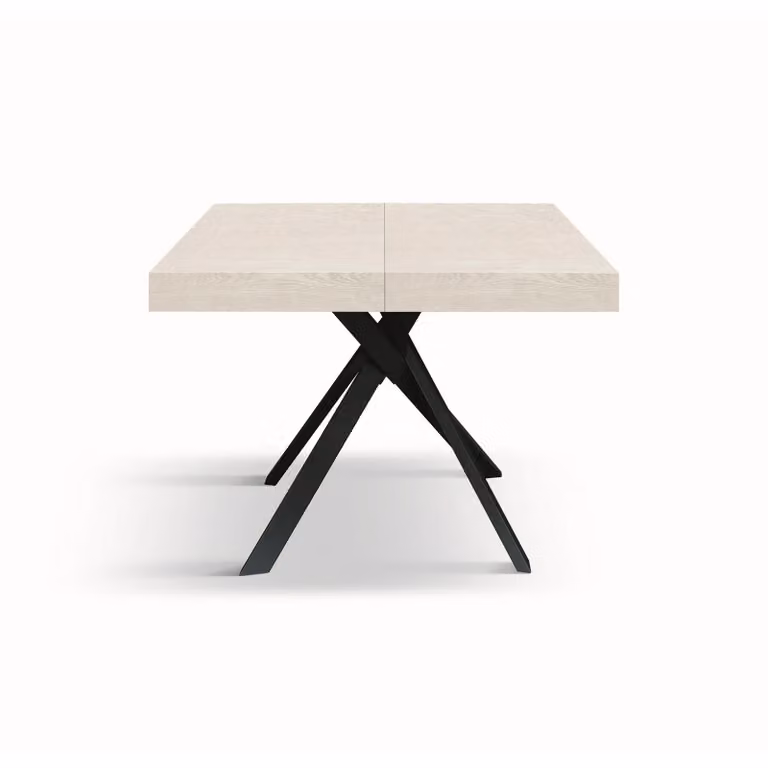 Tavolo FORTE DEI MARMI in legno, finitura bianco frassinato e gambe incrociate in metallo antracite, allungabile 95×90 cm – 145 x 90 cm